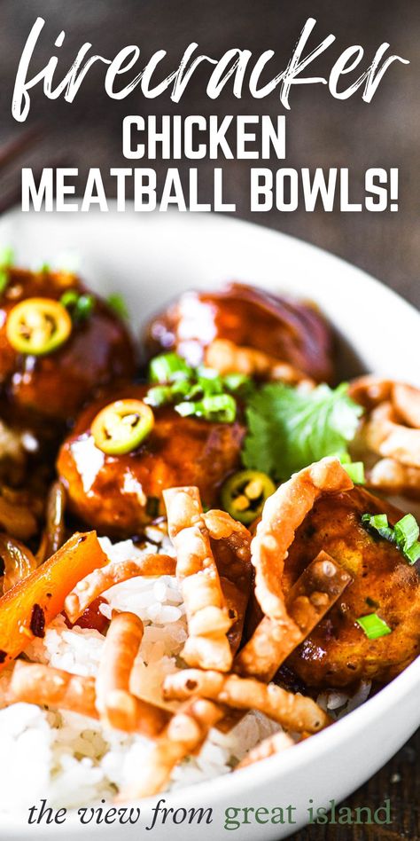 Firecracker Chicken Meatball Bowls Chinese Chicken Meatballs, Easy Rice Bowls, Chicken Meatball Bowls, Firecracker Chicken Meatballs, Meatball Bowls, Chicken Hoisin Sauce, Firecracker Chicken, Island Recipes, Chicken Meatball