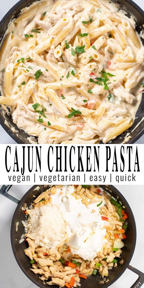 Cajun Chicken Pasta is everything you would expect from amazing comfort food. Fast to make, satisfying, creamy and absolutely delicious. Lots of flavors from Cajun seasoning really make this pasta dish shine #vegan #dairyfree #dinner #lunch #vegetarian #contentednesscooking #cajunchickenpasta Non Dairy Cajun Chicken Pasta, Cajun Chicken Pasta Dairy Free, Creamy Vegan Fajita Pasta, Dairy Free Cajun Chicken Pasta, Dairy Free Cajun Pasta, Vegan Cajun Pasta, Cajun Pasta Sauce, Freezer Prep, Creamy Cajun Pasta