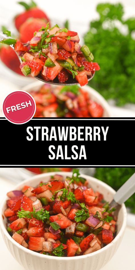 Strawberry Salsa is a summery twist on a classic condiment. Sweet, spicy, and refreshing, this salsa recipe is both bold and light. Sweet And Spicy Salsa Recipe, Spicy Salsa Recipe, Strawberry Salsa Recipe, Fruit Salsa Recipe, Corn Bean Salsa, Strawberry Salsa, Fruit Dips Recipes, Berry Recipes, Delicious Slow Cooker Recipes