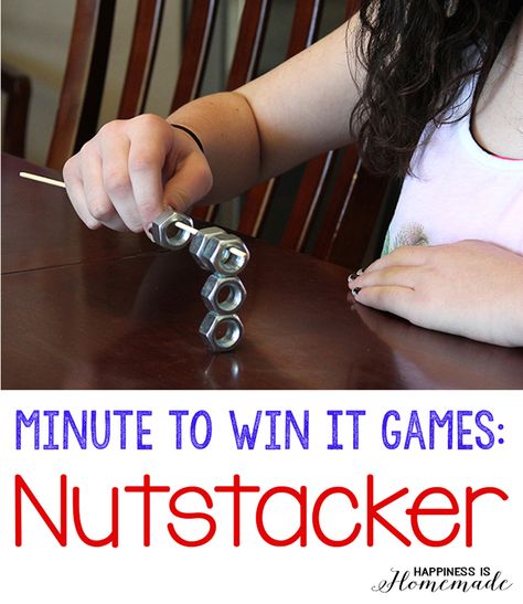 NUTSTACKER:  Thread five hex nuts onto a wooden skewer. Using only one hand on the skewer, stack up all of the nuts in under one minute. Minute To Win It Party, It Party, Reunion Games, Youth Games, Minute To Win It Games, Youth Group Games, Minute To Win, Christmas Games For Kids, Minute To Win It