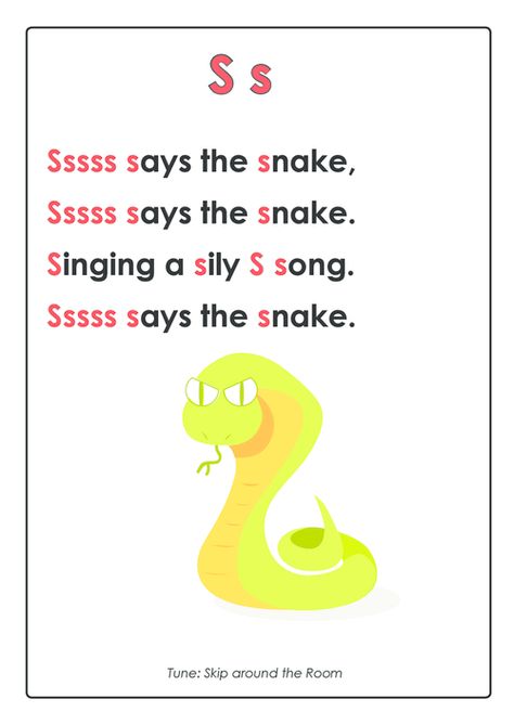 Sing a song and promote early learning! Not only are rhymes fun but they help your child to learn sounds, enunciate properly Letter S Songs For Preschool, Letter S Song, Alphabet Sounds Song, Letter Poems, Letter S Activities, Alphabet Poem, Preschool Poems, Letter Song, Abc Song