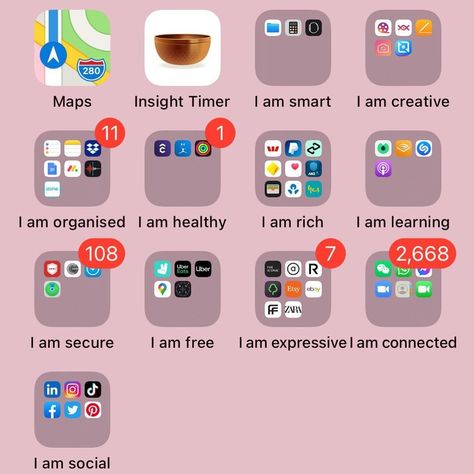 Happy 2021! 🌈 We love how our founder @irisjade has started the new year by organising her phone apps by positive affirmations. Who would try this? ✨ #2021 #newyear #positiveaffirmations #affirmations #organisation App Organization Iphone Affirmations, Organize Apps Affirmations, Phone Clean Out List, Apps For Self Improvement, App Affirmations, Phone Affirmations, Organize Apps, Organize Apps On Iphone, Organize Phone Apps