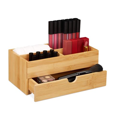 Relaxdays Bamboo Cosmetics Organiser, Multifunctional, 4 Compartments & Drawer, Desk Storage, Natural, 11 x 27 x 15 cm: Amazon.co.uk: Kitchen & Home Makeup Stand, Bathroom Baskets, Cosmetic Display, Make Up Organiser, Cosmetic Box, Cosmetic Organizer, Desk Storage, Free Amazon Products, Storage System