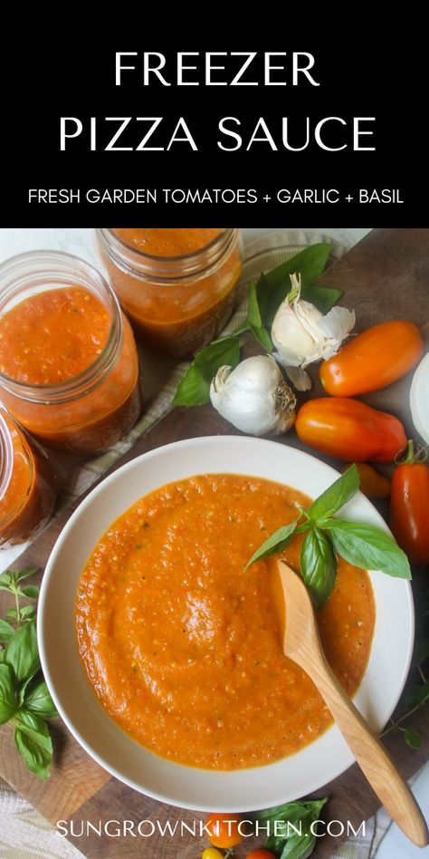 Freezer Pizza Sauce with Fresh Tomatoes Freezer Pizza Sauce, Pizza Sauce Homemade Fresh Tomatoes, Pizza Sauce With Fresh Tomatoes, Freezer Pizza, Sauce With Fresh Tomatoes, Salsa Canning Recipes, Tomato Pizza Sauce, Basil Pizza, Fresh Tomato Recipes