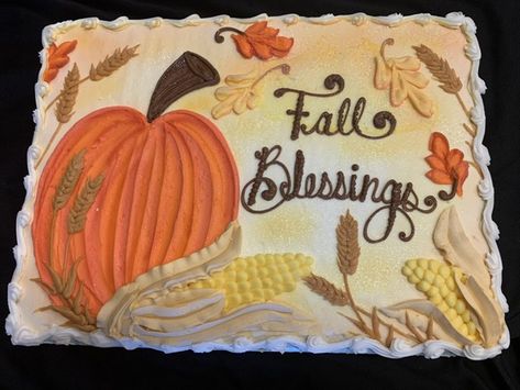 Fall Themed Sheet Cake Ideas, Fall Decorated Cake Ideas, Pumpkin Theme Sheet Cake, Fall Sheet Cake Decorating Ideas, Thanksgiving Sheet Cakes Decorated, Thanksgiving Sheet Cake Ideas, Fall Birthday Sheet Cake Ideas, Thanksgiving Sheet Cakes, Friendsgiving Cake Ideas