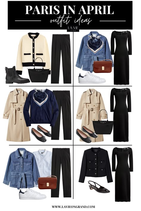 6 outifts to pack for Paris in spring featuring black pants and a black dress. Paris April Packing, April Fashion Outfits, April In Paris Outfit, Paris In April Outfit, Paris In April What To Wear In, Paris April Outfit, London In April Outfits, Paris In May Outfits, Paris Spring Outfit