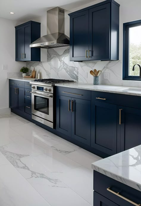 39 Trendy Blue Kitchen Cabinet Ideas: with Cool, Sophisticated Vibes 4 Navy Kitchen Grey Floor, Navy And Wood Kitchen Cabinets, Navy Kitchen Modern, Grey And Blue Kitchen Ideas Paint Colors, Feminine Kitchen Ideas, Navy Blue House Interior Design, Kitchen Ideas Navy Blue, Navy Blue Cabinets Kitchen, Modern Navy Kitchen