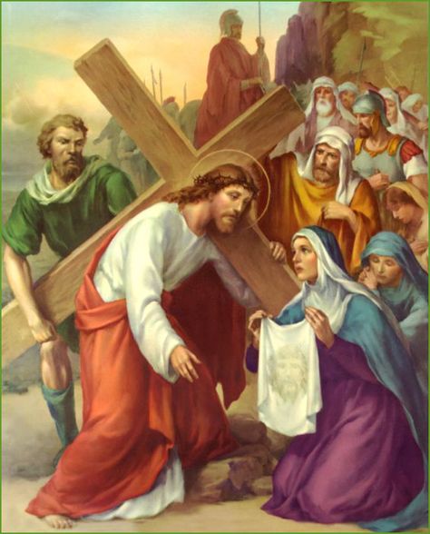 SIXTH STATION Jesus' Face Is Wiped by St. Veronica with Her Veil ... Carrying The Cross, St Veronica, Corpus Domini, Bible Things, Way Of The Cross, Pictures Of Jesus Christ, Jesus Face, Stations Of The Cross, Jesus Prayer