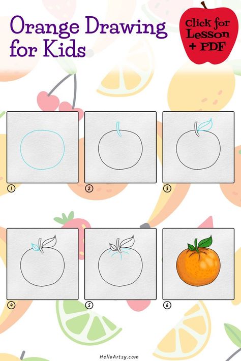 Step by step drawing lesson demonstrating how to draw an orange drawing for kids How To Draw Orange Step By Step, How To Draw Orange, How To Draw Fruits For Kids, Orange Drawing Simple, Draw Fruit, Orange Drawing, Cny 2024, Drawing Lessons For Kids, Fruits Drawing