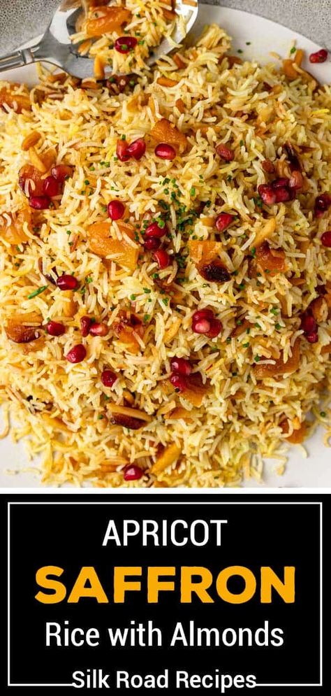 Apricot Persian Saffron Rice Fragrant Rice Recipes, Persian Rice Dishes, Persian Saffron Rice, Recipes Using Saffron, Persian Rice Recipe Basmati, Recipes With Saffron, Saffron Rice Recipe, Yellow Rice Recipes, Saffron Recipes