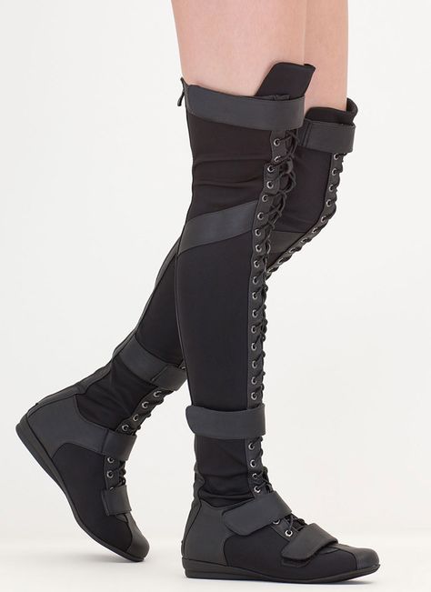 Space Cadet Mixed Media Thigh-High Boots OLIVE BLACK GREY - GoJane.com Lace Up Thigh High Boots, Armor Boots, Winter Drawing, Gothic Jewelry Diy, Boots Thigh High, Space Cadet, Demonia Shoes, Black Thigh High, Tauriel