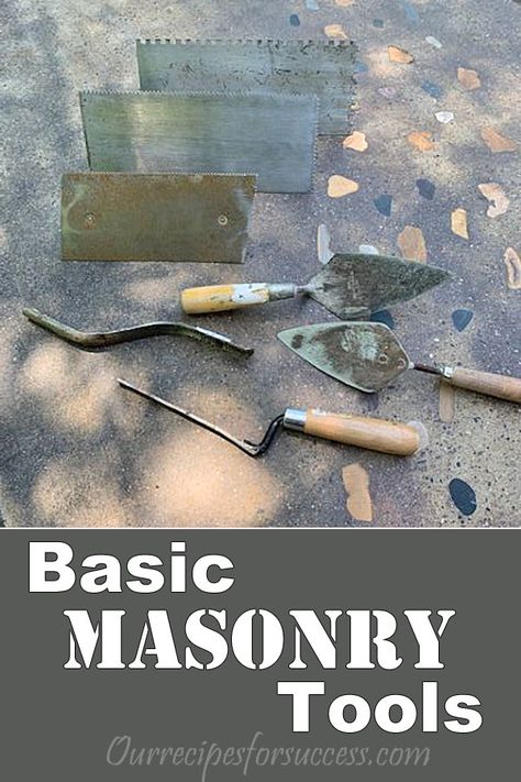 With a collection of some basic masonry tools, you’ll be able to tile floors and walls, install stone and brick veneer products, or update your landscaping with bricks and pavers. This blog gives you a list of masonry tools every DIYer should have. #DIY Masonry Tools #Basic Mason Tools #Masonry Tools #Ourrecipesforsuccess.com Landscaping With Bricks, Building A Stone Wall, Stone Walls Garden, Brick Mason, Brick Steps, Masonry Tools, Brick Laying, Masonry Work, Backyard Fireplace