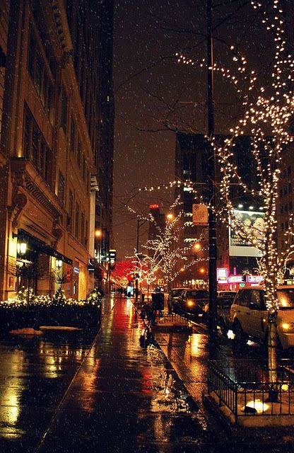 City Night Lights Aesthetic, Nighttime Christmas Photos, Christmas Night Photography, Night Christmas Aesthetic, Christmas City Aesthetic, Christmas Night Aesthetic, Christmas City Lights, Chicago Christmas, December Nights