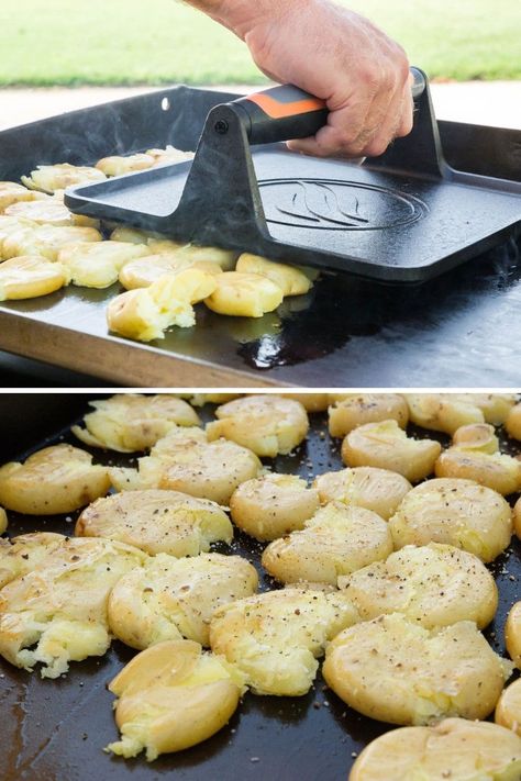 Smashed Potatoes Flat Top Grill, Sides To Cook On Blackstone, Smashed Potatoes On Blackstone Griddle, Flattop Grill Potatoes, Blackstone Grill Recipes Side Dishes, Griddle Smashed Potatoes, Black Stone Griddle Potatoes, Blackstone Grill Recipes Potatoes, Blackstone Griddle Potatoes