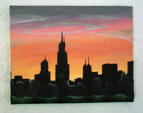 A New Day - Chicago skyline Chicago Drawing Simple, Chicago Painting Easy, City Skyline Painting Easy, City Skyline Painting Acrylic, Chicago Skyline Silhouette, Chicago Painting, Chicago Skyline Canvas, Oil Pastel Drawings Easy, Painting Easy