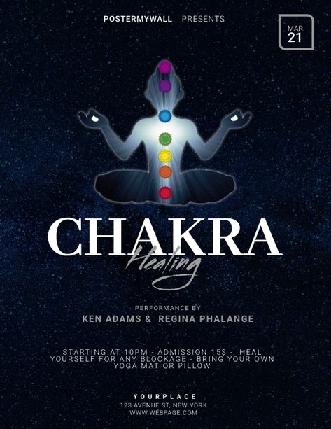 Chakra Healing Event Flyer Template | PosterMyWall Event Poster Template, Pranic Healing, Social Media Posting Schedule, Photoshop Design Ideas, Business Poster, Event Template, Nightclub Party, Social Media Schedule, Event Flyer Templates