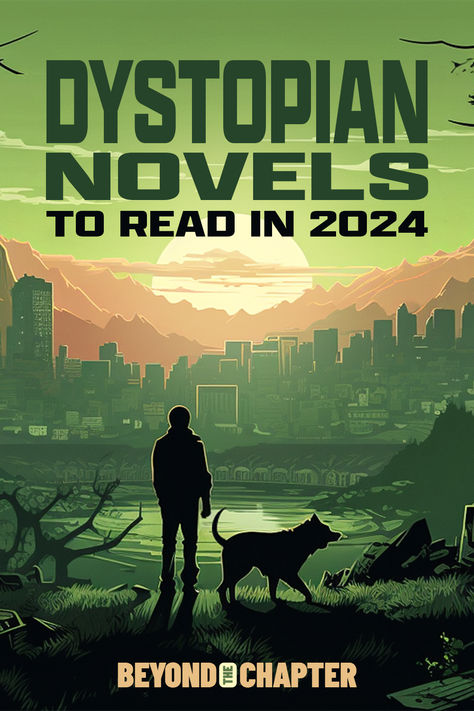 Sunset backdrop, silhouette of a man beside a dog in the foreground, in green hues, and a city in the distance. Good Dystopian Books, Modern Classic Books, Books To Read Dystopian, Intp Books, Cyberpunk Books, Dystopian Book Covers, Best Dystopian Books, Books Cover Design, Library Goals