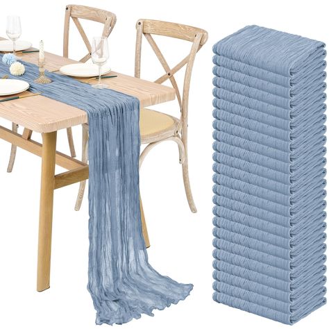 PRICES MAY VARY. ❤️【Product Included】: You will receive 24 pcs dusty blue cheesecloth gauze table runners. Product size: 21.5 inches wide and 120 inches long, suitable for round or square tables that can accommodate 8-10 people. Perfect for romantic and elegant party events. ❤️【Premium Material】: 100% natural cheesecloth fabric. Soft to the touch, durable and reusable, the edge of the table runner is locked with delicate stitching, not easy to fall off, and full of beauty. Cheesecloth gauze tabl Wedding Decor Arch, Blue Kitchen Tables, Table Decor For Wedding, Arch Draping, Gauze Table Runner, Wedding Draping, Cheesecloth Table Runner, Decor For Wedding, Rustic Wedding Table Decor