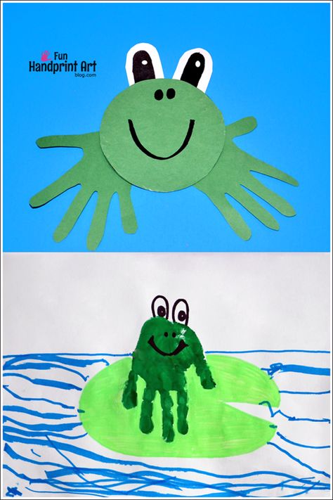 Handprint Frog Crafts for Kids Frog Crafts For Kids, تصنيف الحيوانات, Reptile Crafts, Hand Print Art, Frog Craft, Frog Theme, Frog Crafts, Project For Kids, Handprint Crafts