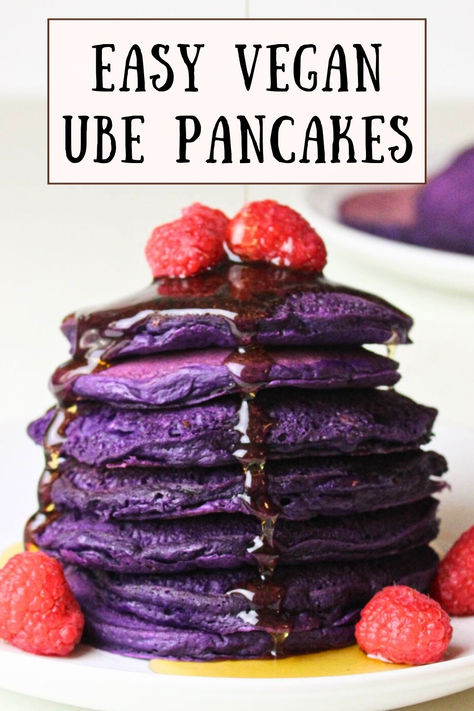 Stack of ube pancakes with raspberries and syrup. Ube Pancakes, Ube Extract, Healthy Breakfast Choices, Breakfast Favorites, Vegan Pancake Recipes, Buckwheat Recipes, Unique Breakfasts, Classic Breakfast, Vegan Burger