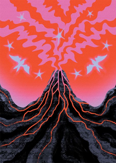 Volcano Aesthetic Drawing, Volcano Graphic Design, Volcano Line Art, Volcano Mural, Drought Illustration, Crater Illustration, Volcano Artwork, Lightning Artwork, Paint Volcano