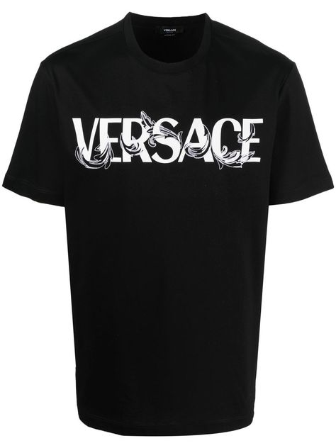 logo-print detail T-shirt from Versace featuring jet black, cotton, logo print to the front, round neck, short sleeves and straight hem. This item is in size L and the color is Black Cowboy Stuff, Silhouette Logo, Versace T Shirt, Black Tees, Versace Logo, Latest Fashion Design, Alan Walker, Black Luxury, Versace Men