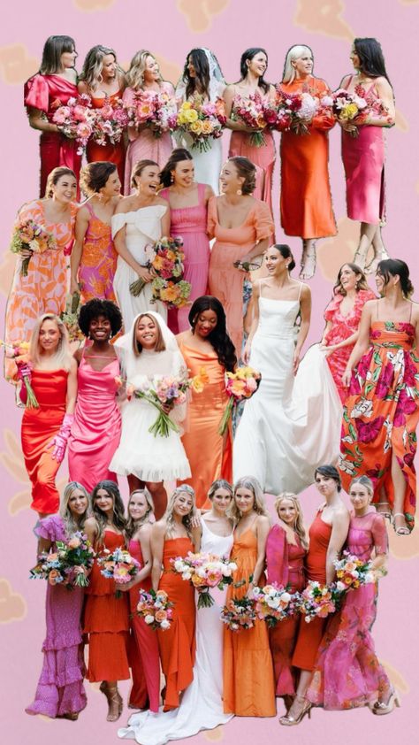 Red Pink Orange Wedding Bridesmaid Dresses, Pink And Orange Bridesmaid Dresses, Orange Bridesmaids, Orange And Pink Wedding, Orange Bridesmaid, Orange Bridesmaid Dresses, Yellow Bridesmaids, Red Bridesmaids, Purple Bridesmaid Dresses