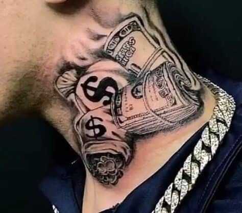 Money Neck Tattoo Men, Money Bag Neck Tattoo, Money Neck Tattoos, Best Neck Tattoos Men Design, Cholo Tattoo, Black Men Tattoos, Best Neck Tattoos, Money Tattoo, Angel Tattoo Designs