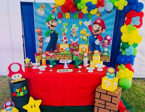 Super Mario Bros / Birthday "Liam’s Mario Bross Birthday " | Catch My Party Super Mario Cake Table, Super Mario Bros Table Decor, Super Mario Bros Dessert Table, Super Mario Table Decorations, Best Birthday Party Ideas, Super Mario Brothers Birthday Party, Super Mario Bros Birthday, Super Mario Brothers Birthday, Mario Brothers Birthday Party