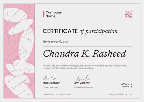 Celebrate achievements with our contemporary pink-toned certificate of participation template. Its dynamic design, combined with Certifier's user-friendly platform, ensures every acknowledgment stands out. From seminars to online eLearning programs, this template is versatile, available in both portrait and landscape, and formats like Word and Figma, making the recognition process both modern and efficient. Certificate Of Participation, Certificate Of Participation Template, Contemporary Fonts, Certificate Of Achievement, Editing Inspiration, Dear Self, Certificate Design, Pink Shade, Dynamic Design