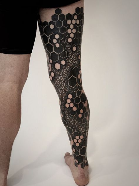 Geometric Tattoo by Brandon Crone #blackwork #tattoo #sacredgeometry #honeycomb #floweroflife Fading Geometric Pattern Tattoo, Honeycomb Knee Tattoo, Honeycomb Leg Tattoo, Geometric Honeycomb Tattoo Design, Geometric Blackwork Tattoo, Honeycomb Tattoo Geometric, Geometric Knee Tattoo, Geometric Honeycomb Tattoo, Hexagon Sleeve Tattoo