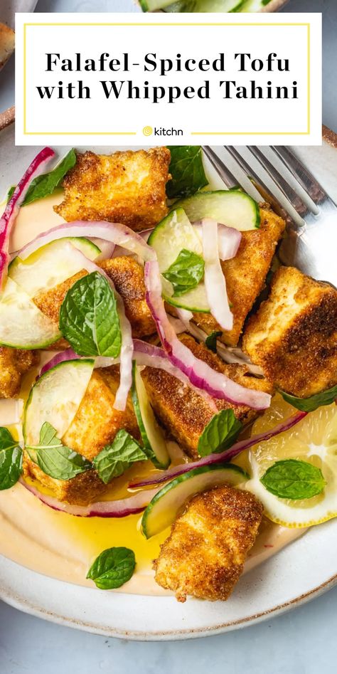 Falafel-Spiced Tofu with Whipped Tahini | Kitchn Whipped Tahini, Homemade Falafel, Avocado Hummus, Baked Tofu, Tofu Recipes, Vegetarian Options, Tempeh, Main Meals, Vegetarian Dishes