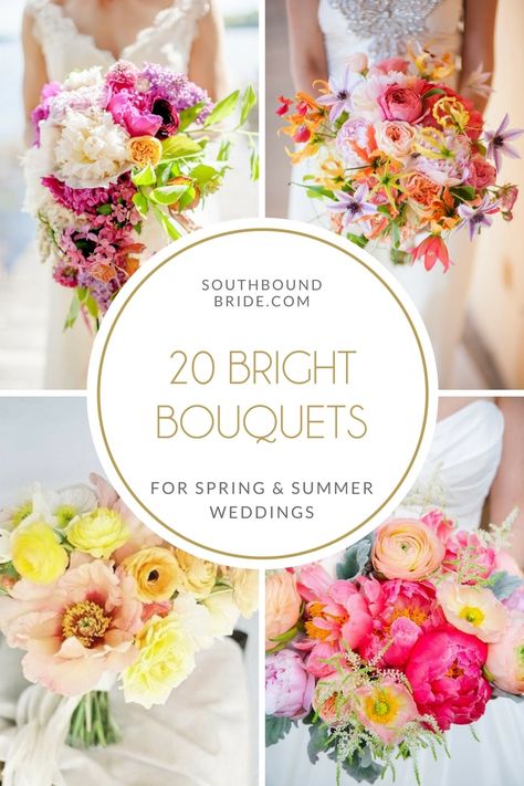 20 Bright Wedding Bouquets | SouthBound Bride Colorful Spring Wedding Bouquets, Bright Pink Wedding Bouquet, Bright Colour Wedding Bouquet, Wedding Bouquet Ideas Summer, Bright Bouquet Of Flowers, Bridal Bouquet No Roses, Wedding Flowers Bright Colors, Pink Summer Wedding Flowers, Spring Bridal Bouquet Wildflowers