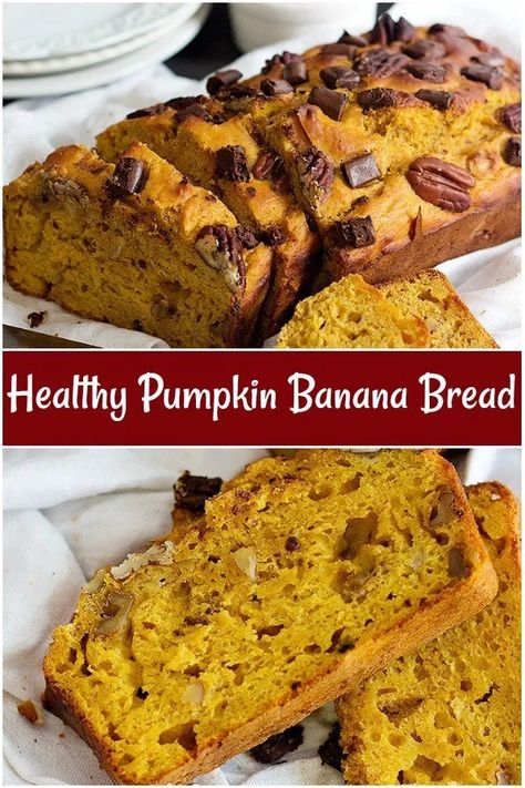 Healthy Pumpkin Banana Bread is made with Greek yogurt and is so soft. With chocolate chunks and pecans, this healthy pumpkin bread is completely irresistible! #bananabread #pumpkinbread #pumpkinbananabread #fallrecipes Healthy Pumpkin Banana Bread, Healthy Pumpkin Dessert, Healthy Pumpkin Bread, Pumpkin Banana Bread, Fall Baking Recipes, Pumpkin Banana, Healthy Pumpkin, Pumpkin Dessert, Bread Machine