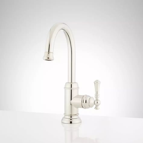 Amberley Single-Hole Bar Faucet | Signature Hardware Polished Nickel Kitchen Faucet, Polished Nickel Kitchen, Bar Sink Faucet, Traditional Faucet, Polished Nickel Faucet, Bar Build, Bar Faucet, Bar Faucets, Chrome Bathroom