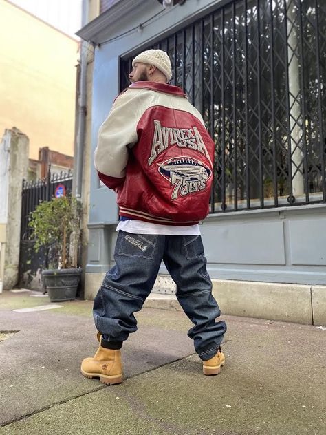 Red Streetwear Outfit, How To Style Timberlands, Style Timberland Boots, 90s Men Outfits, Avirex Leather Jacket, 2000s Hip Hop Fashion, Red Jacket Outfit, Red Jacket Men, History Tips