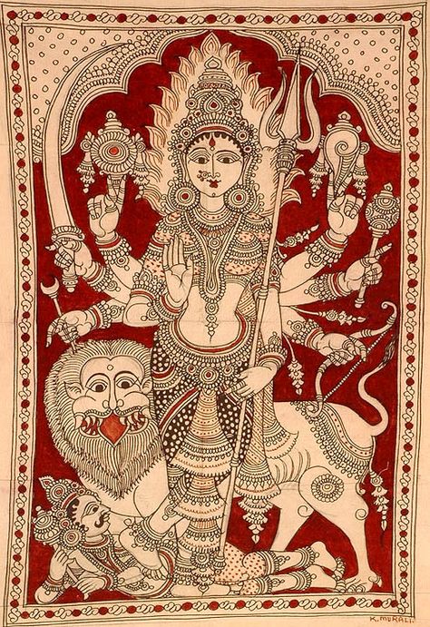 Durga - Kalamkari Painting on Cotton Artist - K Murali Ancient Indian Art, Durga Painting, Kalamkari Painting, Oh My Goddess, Goddess Durga, Indian Painting, Tanjore Painting, Madhubani Art, Indian Folk Art