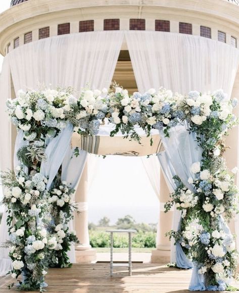 Pale Blue Hydrangea, Periwinkle Wedding, Outdoor Wedding Backdrops, Pale Blue Wedding, Wedding Gate, Nikah Decor, Blue Hydrangea Wedding, Wedding Chuppah, Blue White Weddings