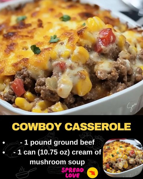 Cowboy Casserole Ground Beef And Tater Tots, Beef Tater Tot Casserole, Cowboy Casserole Recipe, Beef Tips And Noodles, Beef Lasagna Recipe, Quick Casseroles, Cowboy Casserole, Mexican Casserole Recipe, Easy Biscuit Recipe