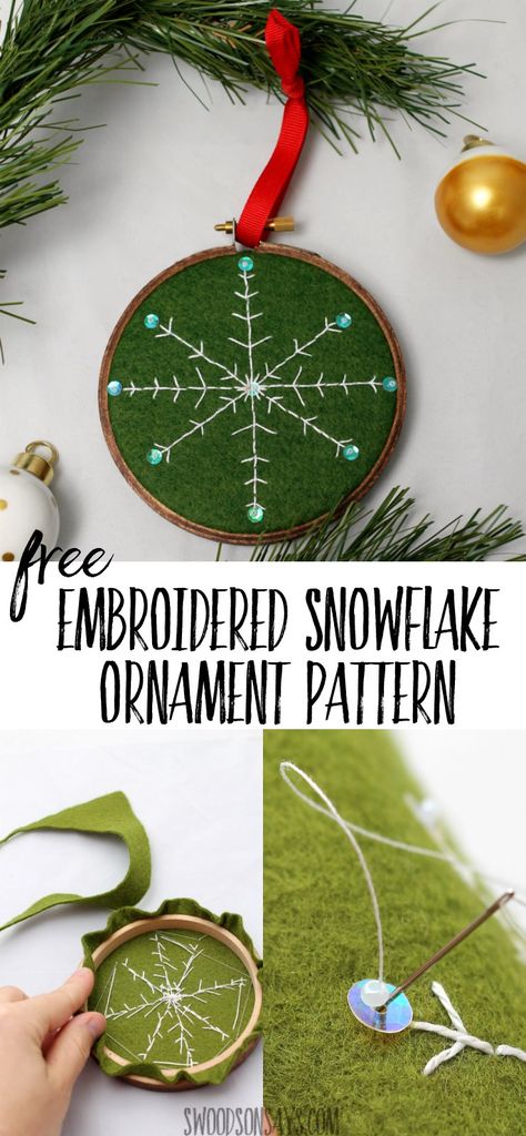 Free DIY embroidered snowflake ornament pattern to stitch up and gift this year! Embroidery hoop ornaments are easy and fun to make, and this snowflake embroidery design uses a simple back stitch that anyone can sew. #diychristmasornament #christmascraft Year Embroidery Hoop, Snowflake Embroidery Pattern, Embroidery Hoop Ornaments, Snowflakes Embroidery Pattern, Hoop Ornaments, Year Embroidery, Scrap Projects, Snowflake Embroidery, Holiday Kids