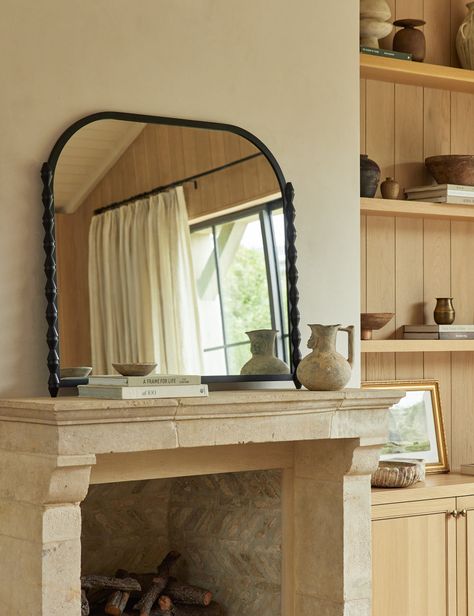 Topia Mantel Mirror by Ginny Macdonald Antique Mirror On Mantle, Mirror Over Piano, Wide Fireplace Mantle, Mantel Decor With Mirror, Stone Fireplace Mantle Decor, Mirror Above Fireplace Mantle, Pottery Barn Mantle Decor, Mirror Black Frame, Mirror Over Fireplace