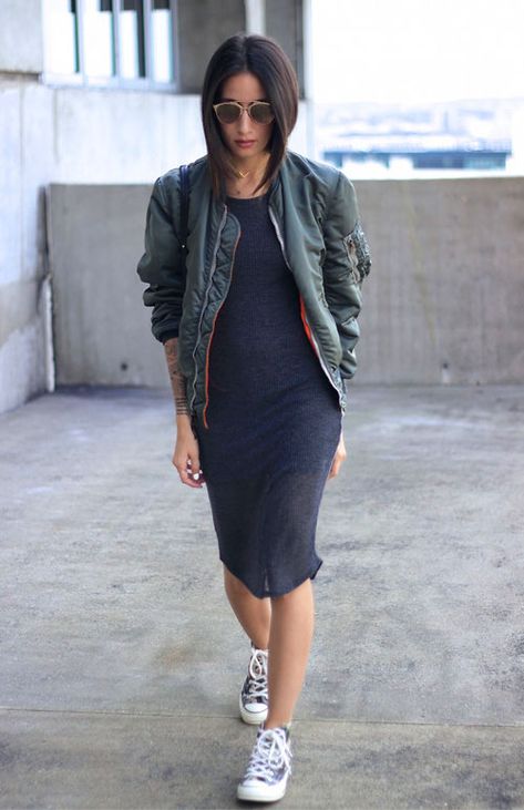 bomber jacket #outfit | Lovika Dress With Converse, Dream Fashion, Street Style Trends, Jacket Outfit, Street Style Winter, Urban Outfitters Dress, Mode Inspo, Fashion Mode, Mode Inspiration