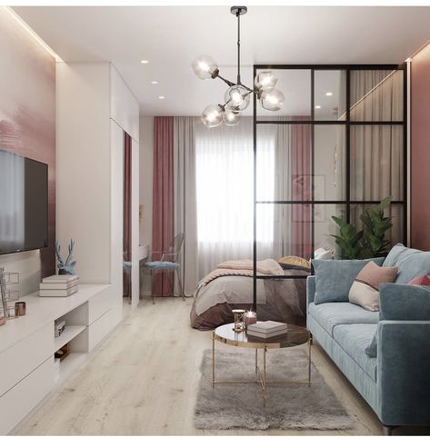 Living Room And Bedroom Combo, Apartemen Studio, Studio Apartment Living, Studio Apartment Design, Condo Interior Design, Small Apartment Interior, Condo Interior, Small Apartment Design, Dream Apartment Decor