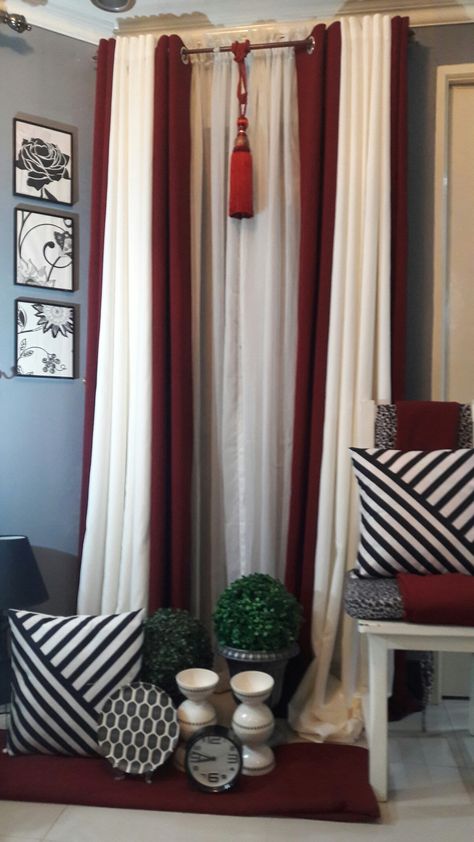 maroon and offwhite grommets curtains Maroon And White Bedroom Ideas, Maroon Curtains Bedroom, Maroon And White Bedroom, Maroon Curtains Living Room, Grommets Curtains, Maroon Room, Red Curtains Living Room, Maroon Bedroom, Maroon Curtains