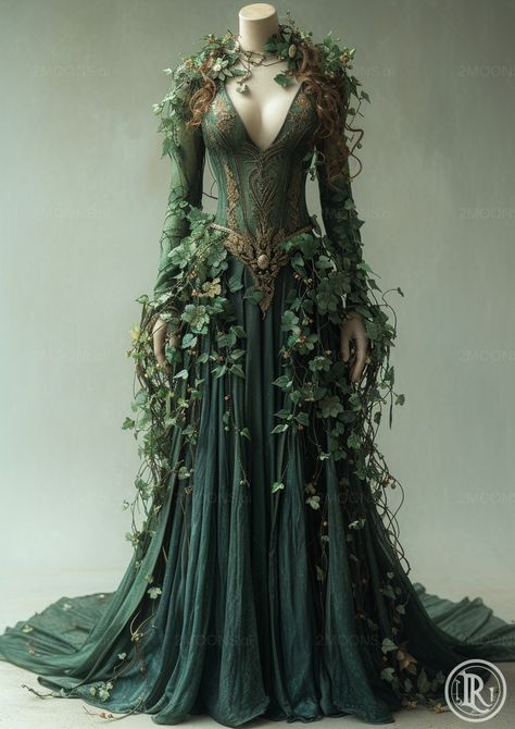 Elven Dress Gowns Woodland, Enchanted Clothes, Woman Fairy Dress, Earth Elf Outfit, Lord Of The Rings Dress Gowns, Mother Nature Goddess Costume, Titania Fairy Queen Costume, Fantasy Forest Dress, Elf Halloween Costume Aesthetic