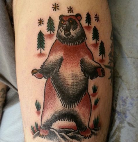 . American Traditional Bear, Precious Tattoo, Traditional Bear Tattoo, Old School Traditional Tattoo, Mons Belgium, Old School Traditional, Old School Tattoos, Father Tattoos, Sagittarius Tattoo