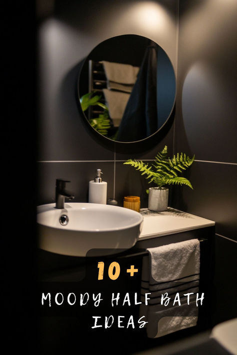 Ready to give your half bath a bold makeover? These 10 moody half bath ideas are packed with dramatic colors, statement lighting, and luxurious textures. Click to see how to elevate your bathroom into a stylish retreat! 🖤✨ #HalfBathDecor #MoodyInteriors #BathroomInspo #DarkDecor #InteriorDesignLovers #HomeDecorGoals #SmallBathroomIdeas Dark And Moody Bathroom Design, Moody Half Bathroom Ideas, Moody Powder Room Ideas, Hall Bathroom Ideas, Moody Bathroom Decor, Moody Half Bath, Powder Room Black, Half Bath Ideas, Powder Room Vanity Ideas