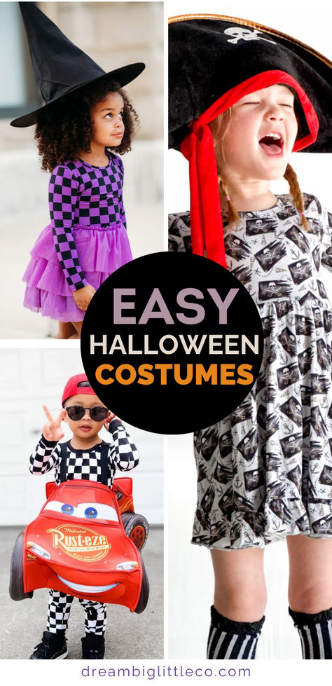 easy halloween costumes made from halloween clothes. black and white checkered pajama set with a cars suspender overlay, a pirate dress with a pirate hat and black and white socks, and a purple and black checkered tutu dress paired with a black witch hat. Newborn Halloween Outfits, Halloween Costumes Kids, Creative Halloween Costumes Diy, Kids Halloween Costumes, Pirate Crew, Newborn Halloween, Diy Halloween Costumes For Kids, Costumes Kids, Pirate Hat