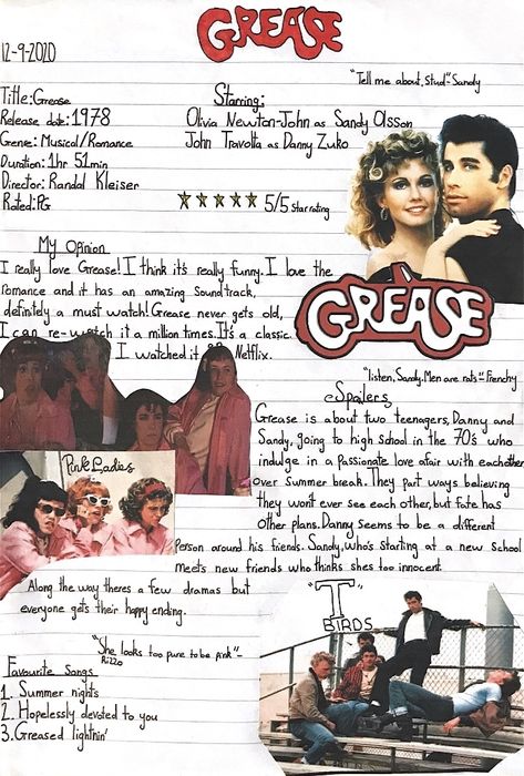 Grease Movie Aesthetic, Movie Journal Aesthetic, Movie Review Journal Ideas, Movie Journal Page, Movie Journal Ideas, Comfort Journal, Movie Review Journal, Aesthetic Bullet Journal Ideas, Movie Journaling