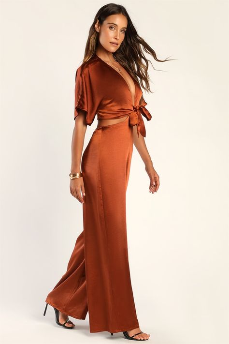 Rust Brown Jumpsuit - Two-Piece Jumpsuit - Tie-Front Jumpsuit - Lulus Fall Outfit Jumpsuit, Fun Wedding Guest Outfit, Fall Wedding Looks For Guests, Wedding Guest Jumpsuit Fall, Two Piece Wedding Guest Outfit, Clothing Line Photoshoot Ideas, Black Tie Jumpsuit, Structured Jumpsuit, Rust Jumpsuit